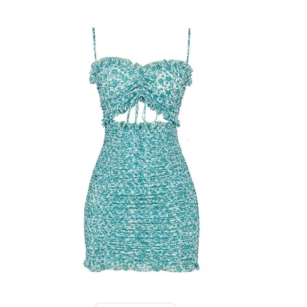 Mistress Rocks Teal Floral Mesh‎ Ruched Cutout Mini Dress XS New With Tags